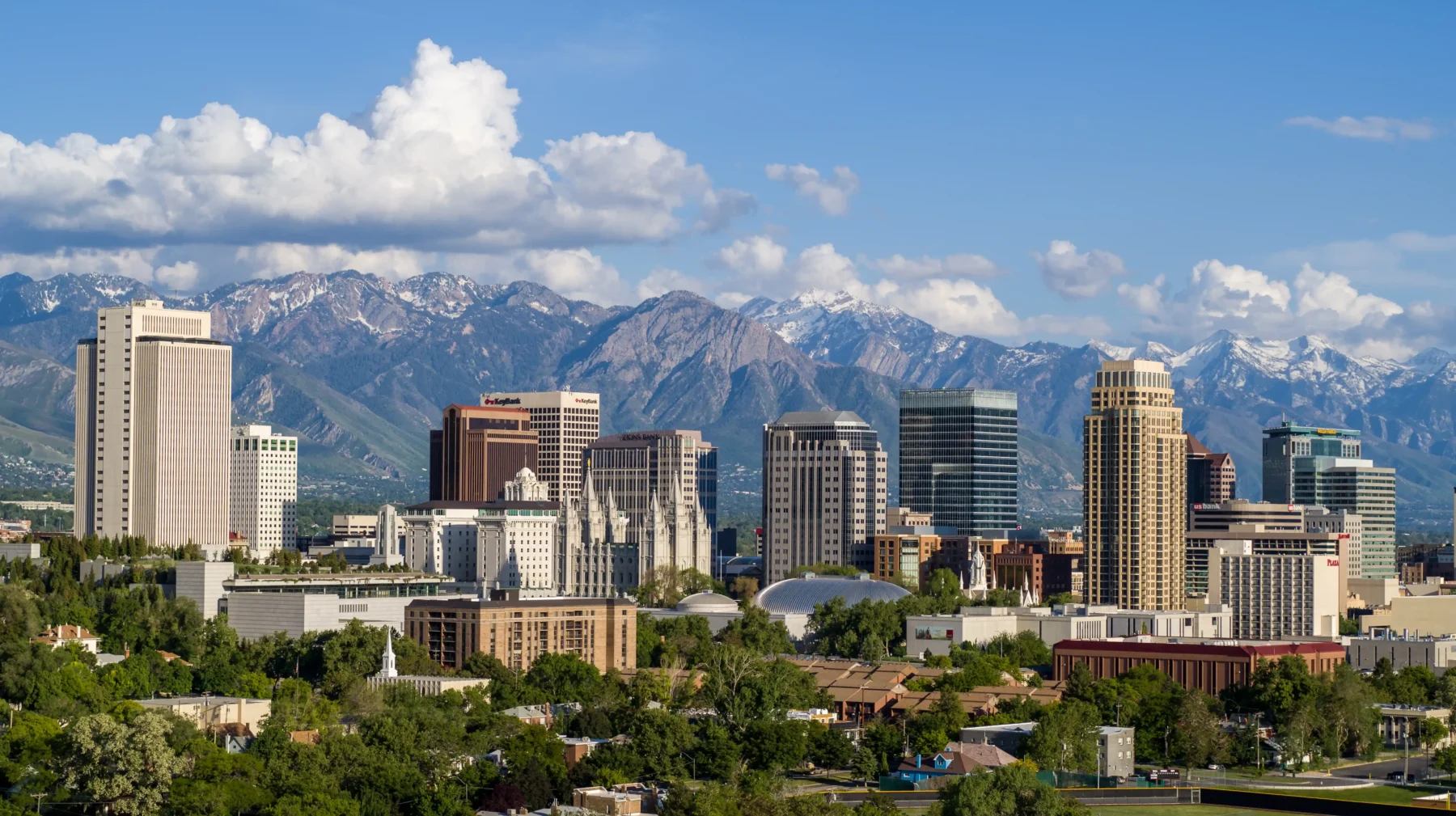 Salt Lake City, Utah skyline, tall buildings with mountains in background