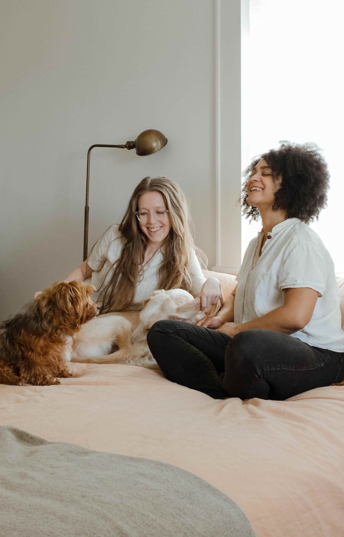 Two women sit on a bed smiling and petting two small dogs in a cozy, sunlit room with white walls and a brass reading lamp in the background.